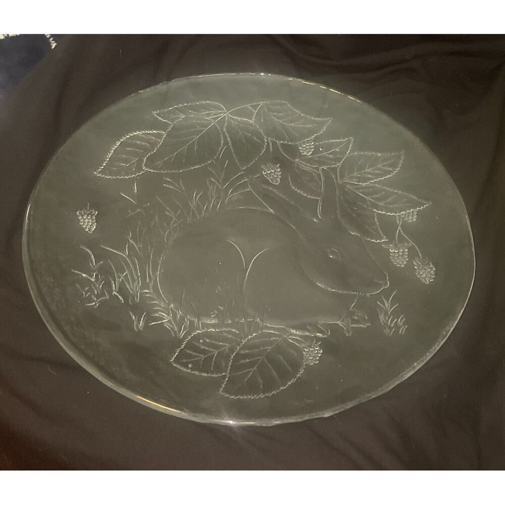 Vtg 13" Clear Glass Plate Etched Rabbit Bunny & Berry Design Decorative Display